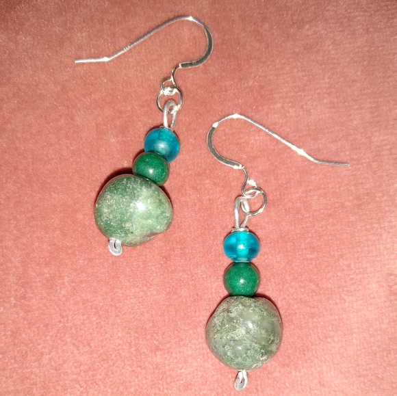 925 Solid Sterling Silver Ear Wires Moss Agate Green Gemstone Handmade Earrings - Picture 4 of 6